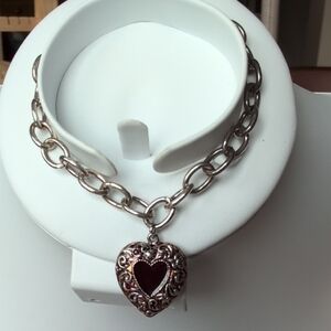 Liz Claiborne Silver Bracelet with Heart Charm and Red Accent